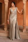 Niamh By Kriti_Gold Crushed Metallic Chiffon Shimmer Finish Pre-draped Saree With Blouse _Online_at_Aza_Fashions