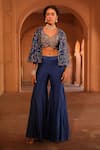 Buy_Niamh By Kriti_Blue Chanderi Silk Embroidery Floral Blouse V Neck Short Jacket And Gharara Set _at_Aza_Fashions