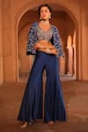 Shop_Niamh By Kriti_Blue Chanderi Silk Embroidery Floral Blouse V Neck Short Jacket And Gharara Set _Online_at_Aza_Fashions