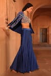 Niamh By Kriti_Blue Chanderi Silk Embroidery Floral Blouse V Neck Short Jacket And Gharara Set _at_Aza_Fashions