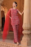 Buy_Niamh By Kriti_Red Organza And Net Embroidery Sequins Round Neck Kurta Palazzo Set _at_Aza_Fashions