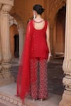 Shop_Niamh By Kriti_Red Organza And Net Embroidery Sequins Round Neck Kurta Palazzo Set _at_Aza_Fashions