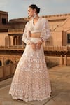 Buy_Niamh By Kriti_Peach Organza Hand Embroidery Pearls V Neck Floral Scallop Jacket And Lehenga Set _at_Aza_Fashions