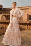 Buy_Niamh By Kriti_Peach Organza Hand Embroidery Pearls V Neck Floral Scallop Jacket And Lehenga Set _Online_at_Aza_Fashions