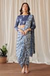 Buy_Pasha India_Blue Swiss Satin Print Midnight Iris Boat Pre-draped Dhoti Saree With Blouse _at_Aza_Fashions