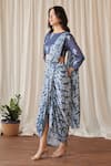 Buy_Pasha India_Blue Swiss Satin Print Midnight Iris Boat Pre-draped Dhoti Saree With Blouse _Online_at_Aza_Fashions