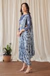 Shop_Pasha India_Blue Swiss Satin Print Midnight Iris Boat Pre-draped Dhoti Saree With Blouse _Online_at_Aza_Fashions