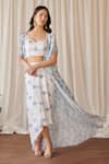 Buy_Pasha India_White Swiss Satin Print Morning Glory Sweetheart Neck Cape Draped Skirt Set _Online_at_Aza_Fashions