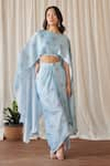 Buy_Pasha India_Blue Swiss Satin Print Bluebell Flora Boat Neck Cape Top With Draped Skirt _at_Aza_Fashions