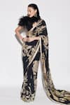 Shop_Varun Bahl_Black Georgette Printed Sequins V Neck Saree With Bead Embroidered Blouse _at_Aza_Fashions