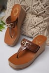 Buy_Jutti Express_Brown Metal Buckle Embellished Toe Ring Wedges _at_Aza_Fashions