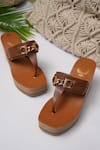 Shop_Jutti Express_Brown Metal Buckle Embellished Toe Ring Wedges _at_Aza_Fashions