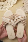 Shop_Jutti Express_Off White Thread Tassels Boho And Pearl Embellished Cross Strap Flats _at_Aza_Fashions