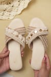 Jutti Express_Off White Thread Tassels Boho And Pearl Embellished Cross Strap Flats _at_Aza_Fashions