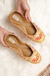 Shop_Jutti Express_Yellow Ghungroo And Gota Lace Bloom Embellished Juttis _at_Aza_Fashions