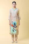 Samyukta Singhania_Beige Silk Blend Printed Floral V Neck Kurta Pant Set _Online_at_Aza_Fashions