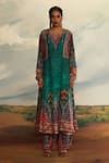 Buy_Rajdeep Ranawat_Green Silk Printed Tribal Round Panelled A-line Kurta _Online_at_Aza_Fashions