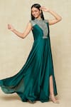 Amit Aggarwal_Emerald Green Embellished Metallic Band Collar Dress _at_Aza_Fashions