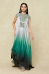 Buy_Amit Aggarwal_Emerald Green Embellished Metallic Band Collar Ombre Dress _at_Aza_Fashions