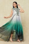 Shop_Amit Aggarwal_Emerald Green Embellished Metallic Band Collar Ombre Dress _Online_at_Aza_Fashions