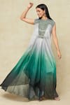 Amit Aggarwal_Emerald Green Embellished Metallic Band Collar Ombre Dress _at_Aza_Fashions