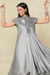 Shop_Amit Aggarwal_Grey Embellished Metallic Band Collar Yoke Handkerchief Dress _at_Aza_Fashions