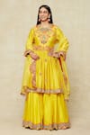 Buy_Debyani + Co_Yellow Embroidered Floral Round Peplum Kurta Sharara Set _at_Aza_Fashions