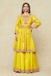 Buy_Debyani + Co_Yellow Embroidered Floral Round Peplum Kurta Sharara Set _Online_at_Aza_Fashions