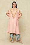 Buy_Debyani + CO_Pink Cotton Embroidery V-neck Kurta And Pant Set _at_Aza_Fashions