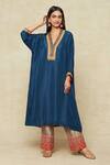 Buy_Debyani + CO_Blue Silk Embroidery V-neck Yoke Kaftan And Pant Set _at_Aza_Fashions