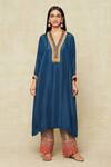 Debyani + CO_Blue Silk Embroidery V-neck Yoke Kaftan And Pant Set _Online_at_Aza_Fashions