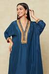 Shop_Debyani + CO_Blue Silk Embroidery V-neck Yoke Kaftan And Pant Set _Online_at_Aza_Fashions