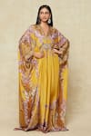 Buy_Rajdeep Ranawat_Yellow Silk Printed Floral V Neck Kaftan _at_Aza_Fashions