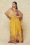 Rajdeep Ranawat_Yellow Silk Printed Floral V Neck Kaftan _at_Aza_Fashions