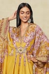 Shop_Rajdeep Ranawat_Yellow Silk Printed Floral V Neck Kaftan _at_Aza_Fashions