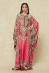 Buy_Rajdeep Ranawat_Fuchsia Silk Printed Fleur V Neck Kaftan _at_Aza_Fashions