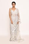 Seema Gujral_Grey Net Embroidered Sequins Plunged Sweetheart Saree With Blouse _Online_at_Aza_Fashions