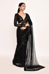 Buy_Seema Gujral_Black Net Embroidered Sequins Plunged V Neck Saree With Blouse _Online_at_Aza_Fashions