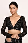 Shop_Seema Gujral_Black Net Embroidered Sequins Plunged V Neck Saree With Blouse _Online_at_Aza_Fashions