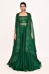 Shop_Anushree Reddy_Emerald Green Organza Embroidered Floral Square Cape Lehenga Set _Online_at_Aza_Fashions