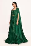 Anushree Reddy_Emerald Green Organza Embroidered Floral Square Cape Lehenga Set _at_Aza_Fashions