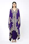 Buy_Anamika Khanna_Purple Embroidered Botanic V Neck Kaftan And Draped Skirt Set 