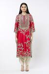 Debyani + Co_Red Embroidered Floral Round Straight Kurta Set _Online_at_Aza_Fashions