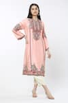 Shop_Debyani + CO_Pink Silk Embroidery Split V-neck Floral Kurta With Salwar _Online_at_Aza_Fashions