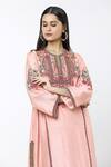 Debyani + CO_Pink Silk Embroidery Split V-neck Floral Kurta With Salwar _at_Aza_Fashions