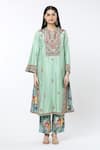 Debyani + Co_Green Printed Floral Notched Geometric Embroidered Choga Kurta Set _Online_at_Aza_Fashions