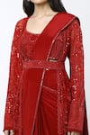 Mishru_Red Jacket And Blouse Tulle Embroidered Sea Coral Scoop Saree Set With Samantha _at_Aza_Fashions