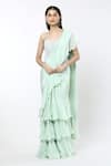 Buy_Mishru_Green Saree Natural Crepe And Organza Noemi Ruffle Pre-draped With Corset _at_Aza_Fashions