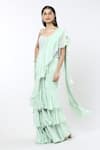 Mishru_Green Saree Natural Crepe And Organza Noemi Ruffle Pre-draped With Corset _Online_at_Aza_Fashions