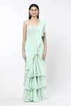 Mishru_Green Saree Natural Crepe And Organza Noemi Ruffle Pre-draped With Corset _at_Aza_Fashions